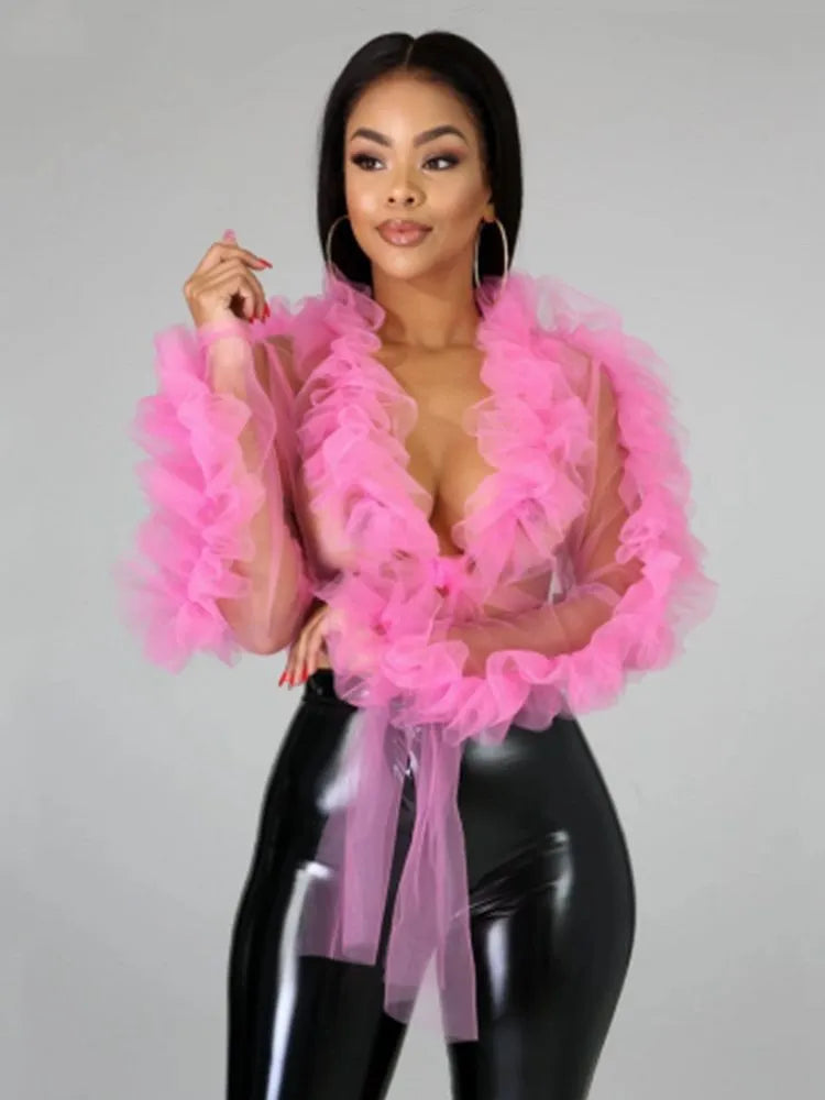 Mesh Sheer See Through Ruffle Long Sleeve Lace-up Crop Top