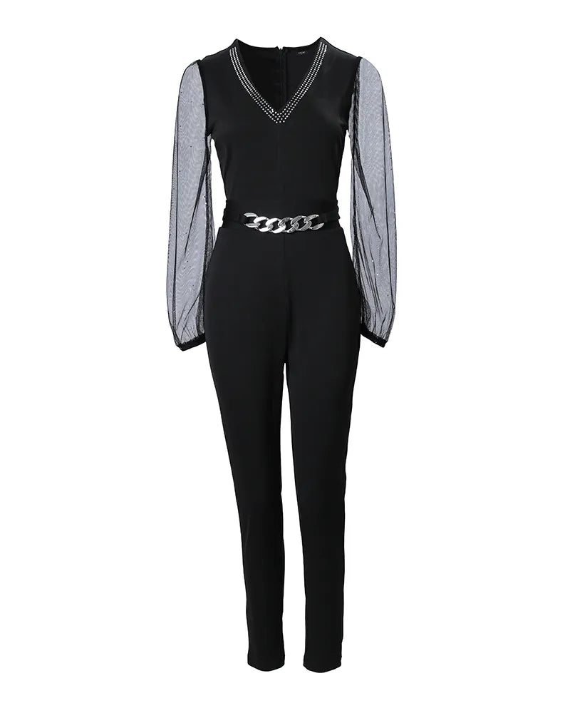 Deep V Neck Mesh Long Sleeves Jumpsuit