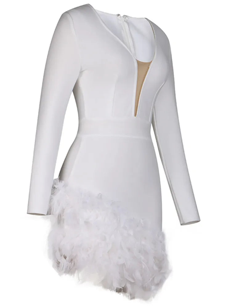 Sexy V Neck Long Sleeve Feather Cocktail Dress