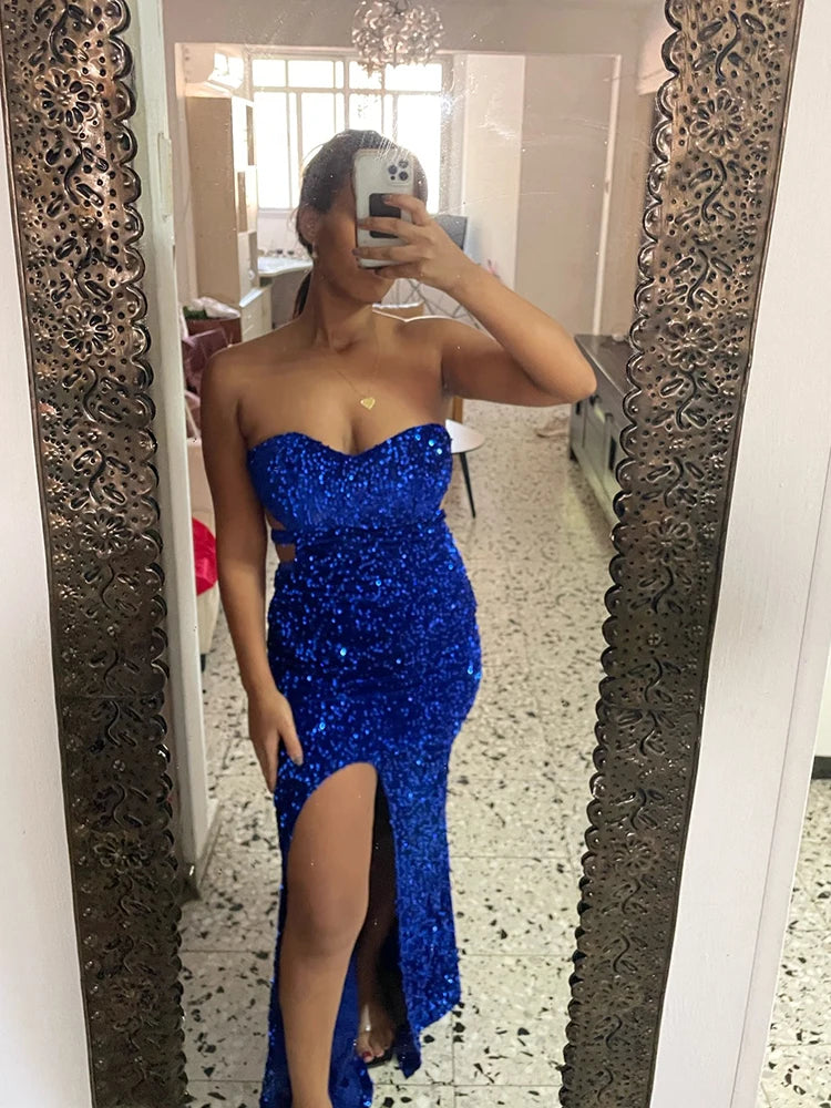 Sequin Strapless Floor Length Backless Evening Dress