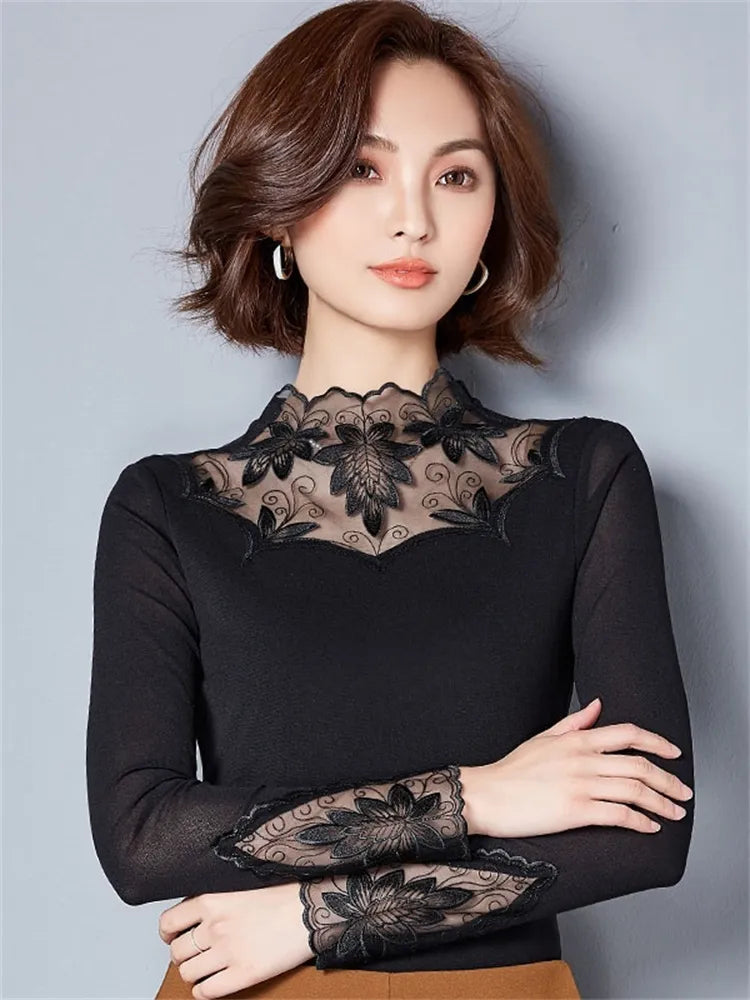 Hollow Out Lace Casual Long Sleeve Turtleneck Blouse