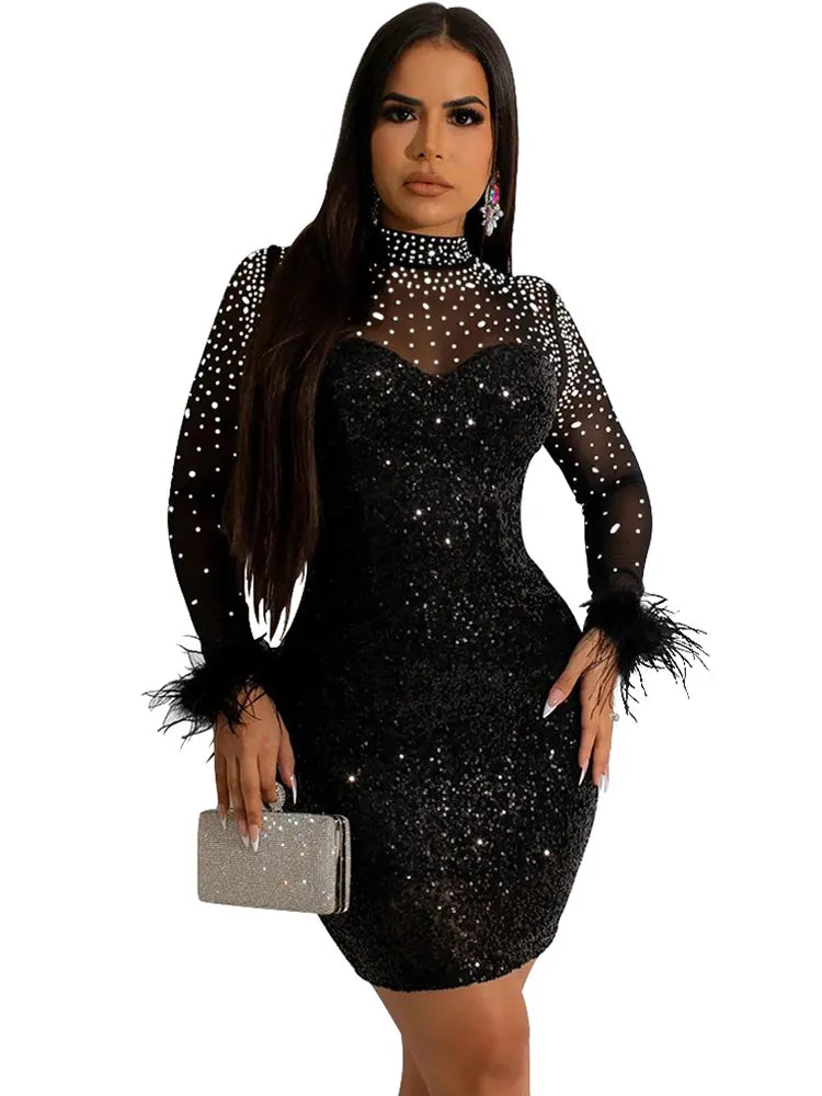 Sexy Mesh Rhinestone Mini Dress