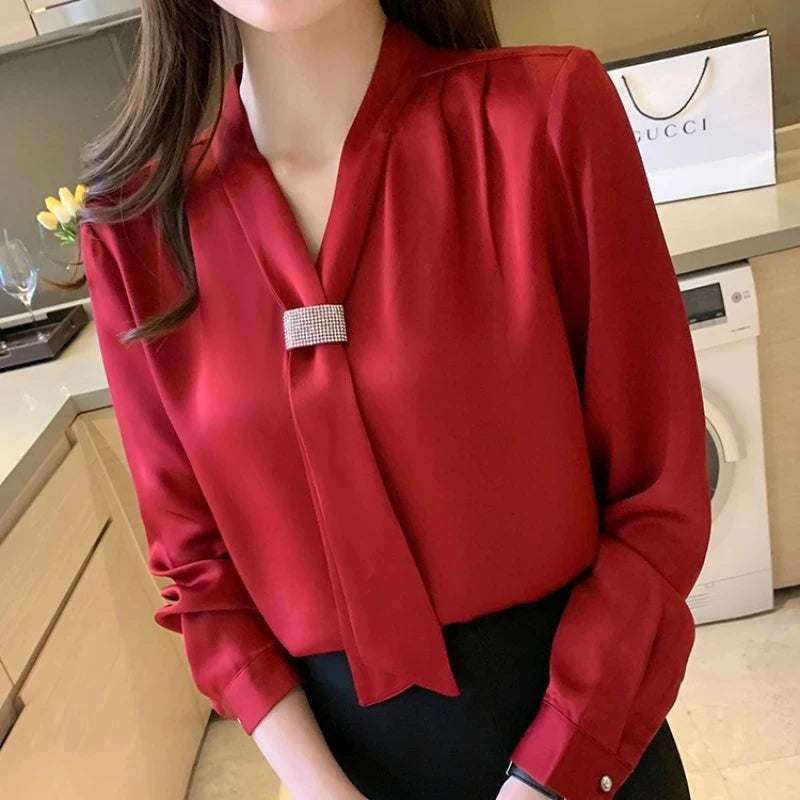 Satin Long Sleeves Ribbon Blouse