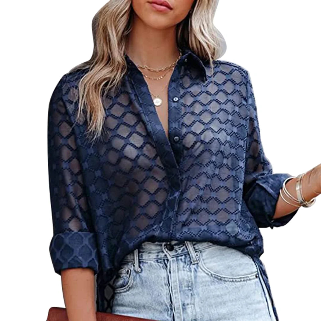 Women's Long Sleeve V Neck Mesh Sheer Blouse
