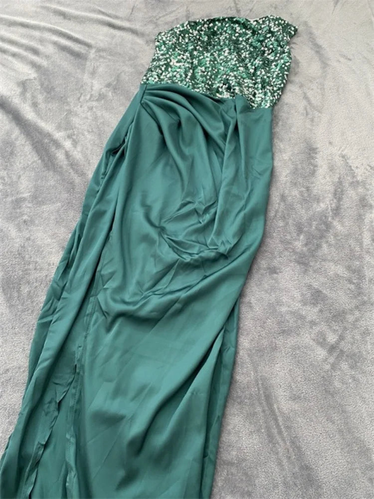 Women Elegant Sequin Bodycon Strapless Maxi Dress