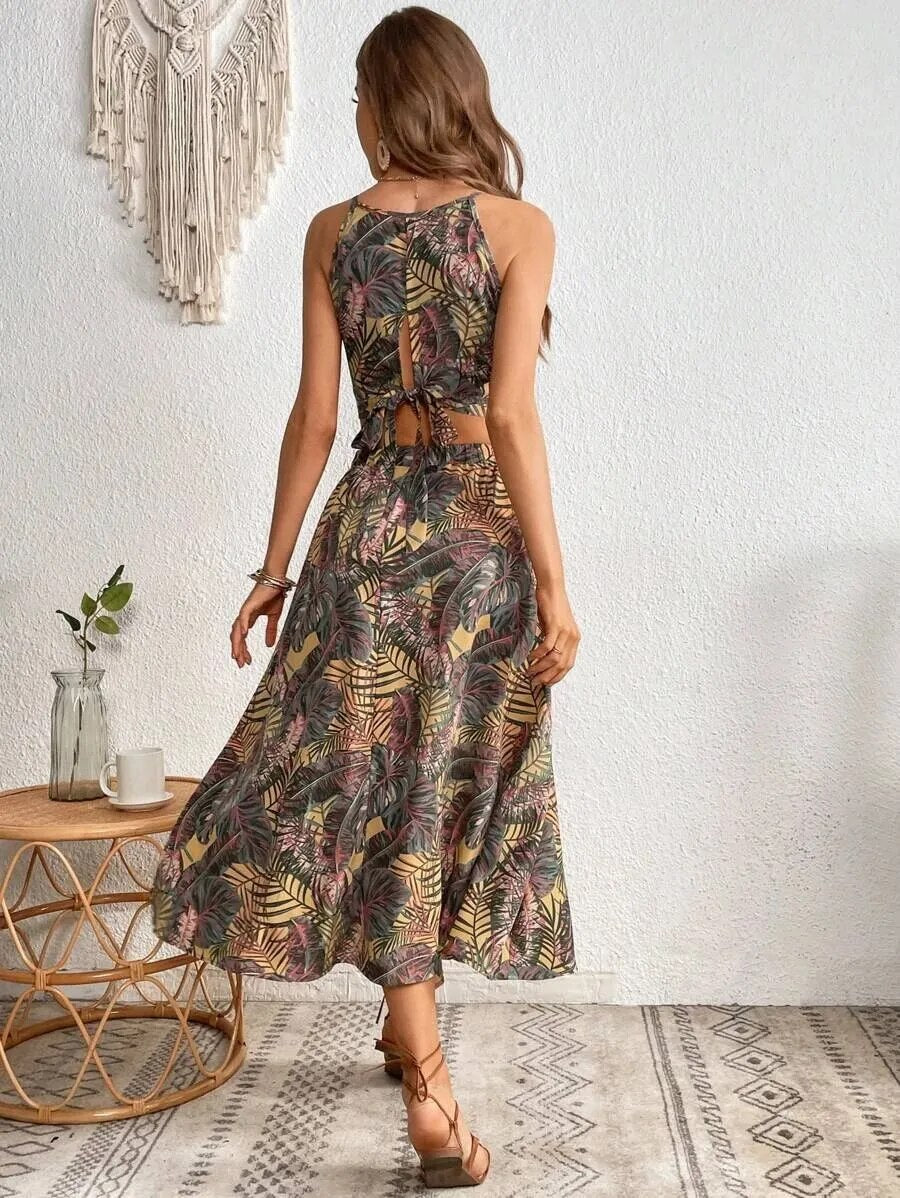 Two Piece Spaghetti Strap Top Skirt Set Floral Print