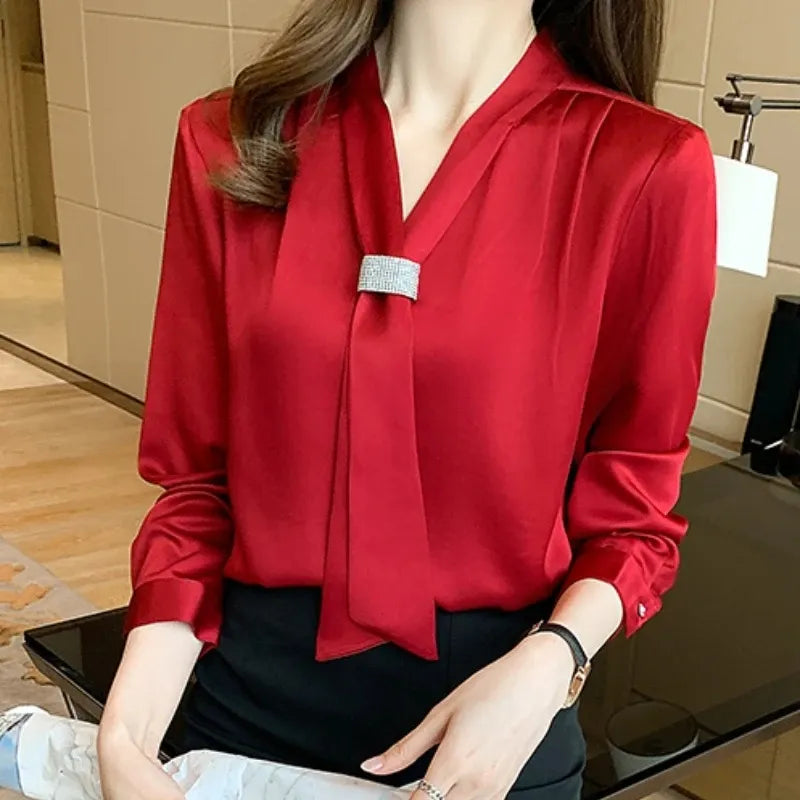 Satin Long Sleeves Ribbon Blouse