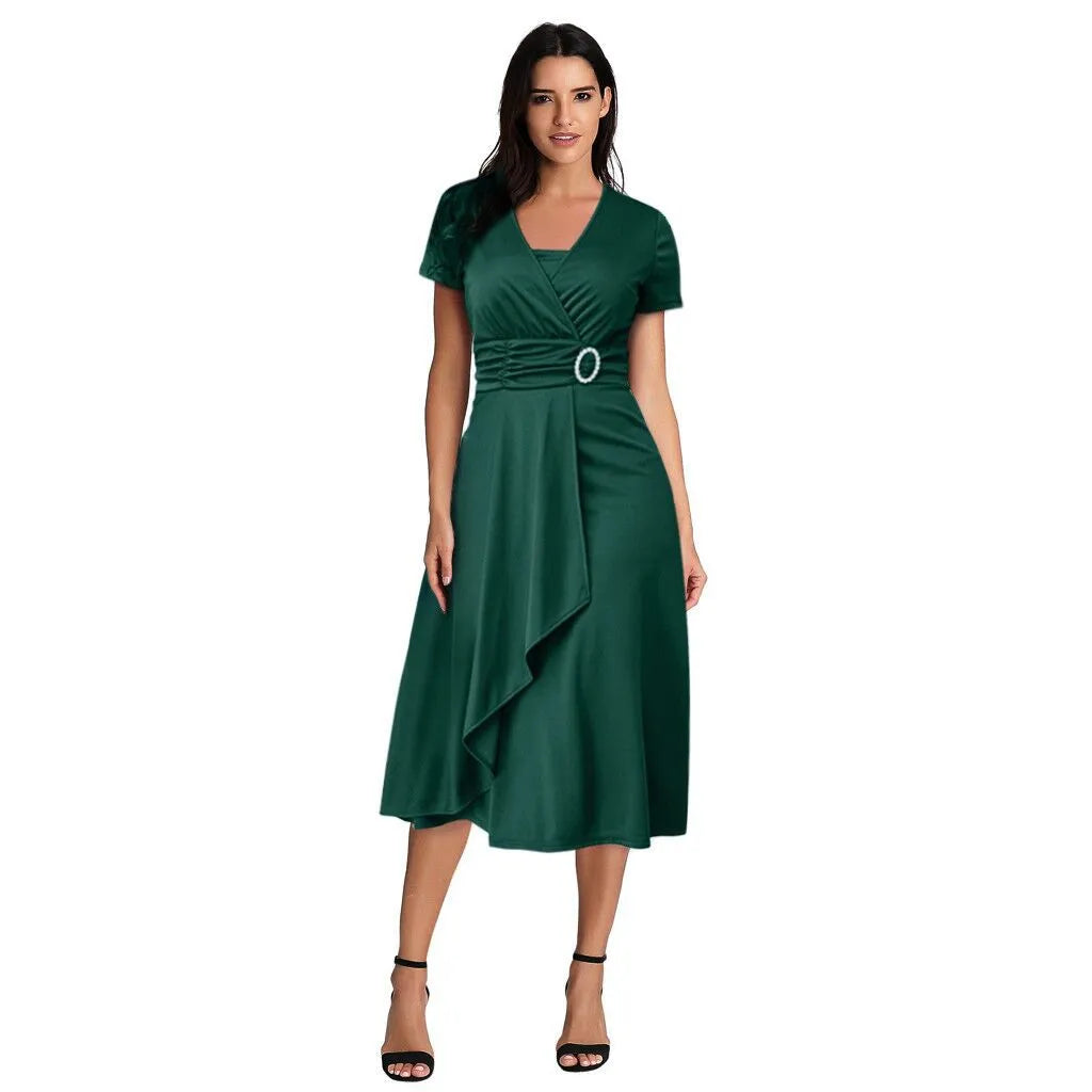 Solid Color Short Sleeve V Neck Asymmetric Midi Dress