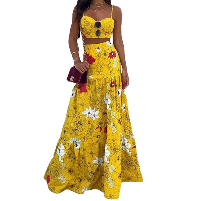 New Floral Print Two Piece Set Maxi Skirt Spaghetti Strap Crop Top
