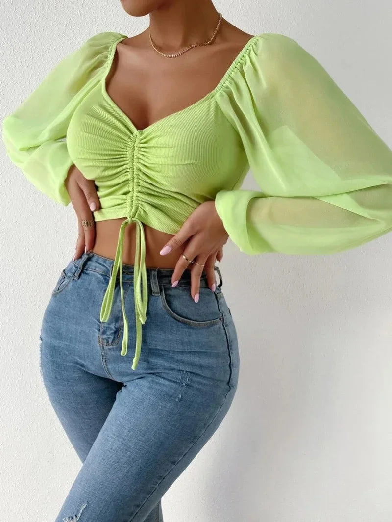 Drawstring Long Sleeve Crop Top