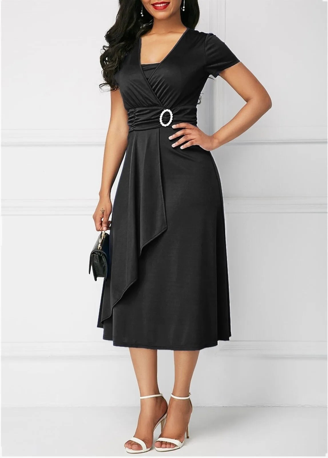 Solid Color Short Sleeve V Neck Asymmetric Midi Dress