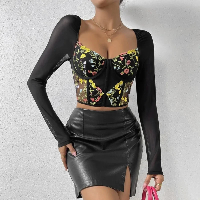 Embroidery Long Sleeve Corset Crop Top