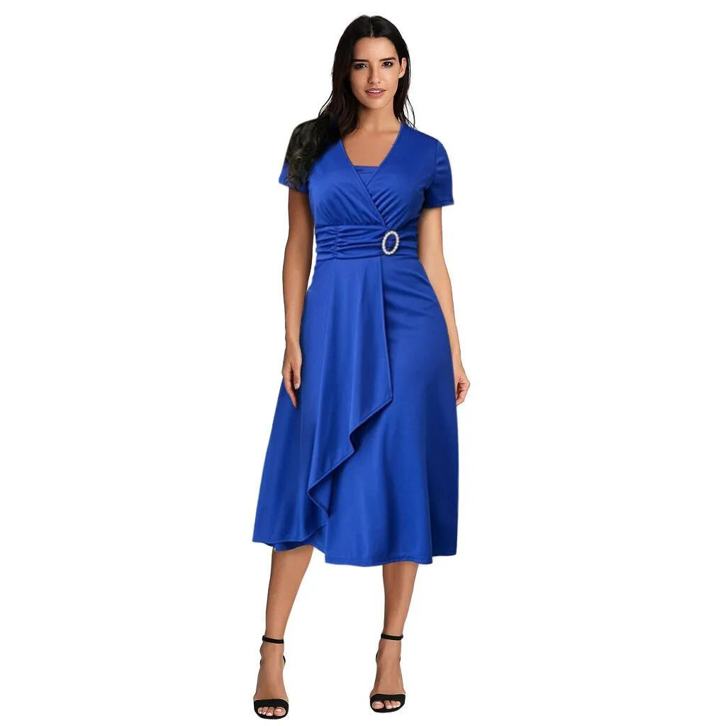 Solid Color Short Sleeve V Neck Asymmetric Midi Dress