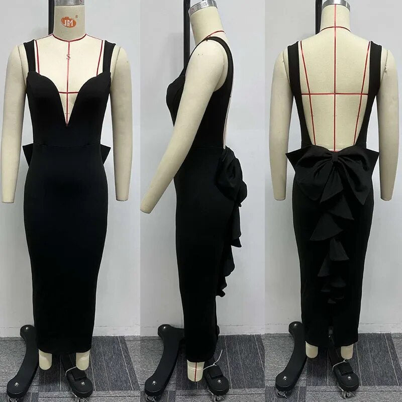 Elegant Women Sexy V-neck Backless Bowknot Ruffles Bodycon Midi Dress
