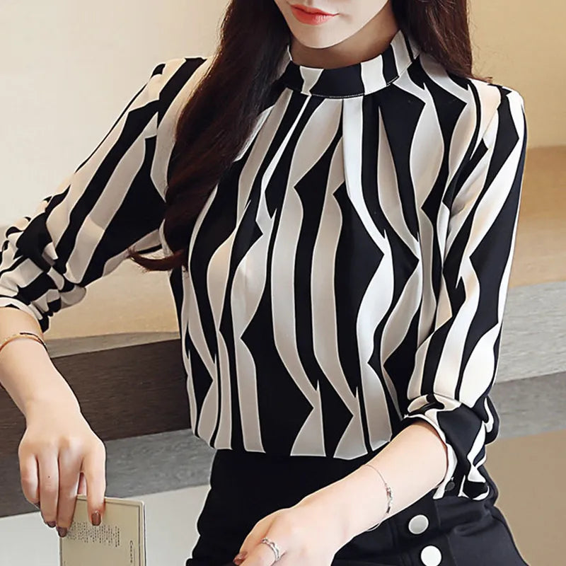 Chiffon Striped Long Sleeves Women Blouse