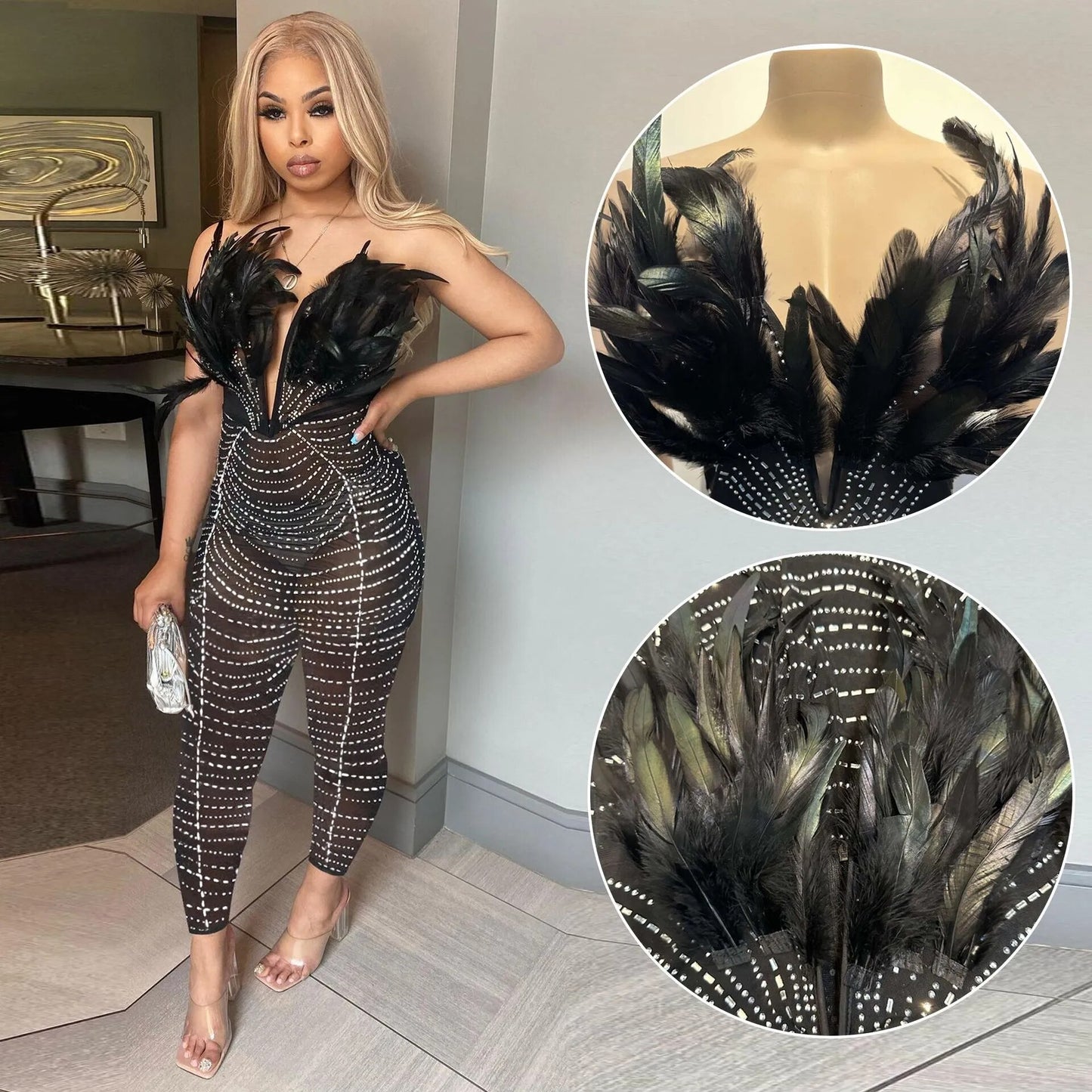 Off Shoulder Mesh Rhinestone Beaded Feather Jumpsuits