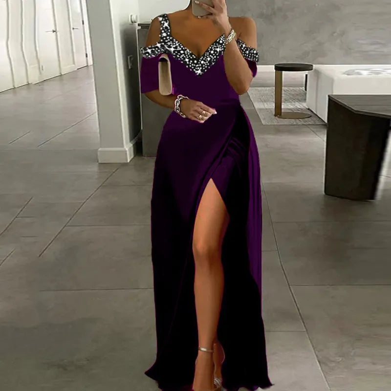 Women V Neck Off Shoulder Formal Evening Dress