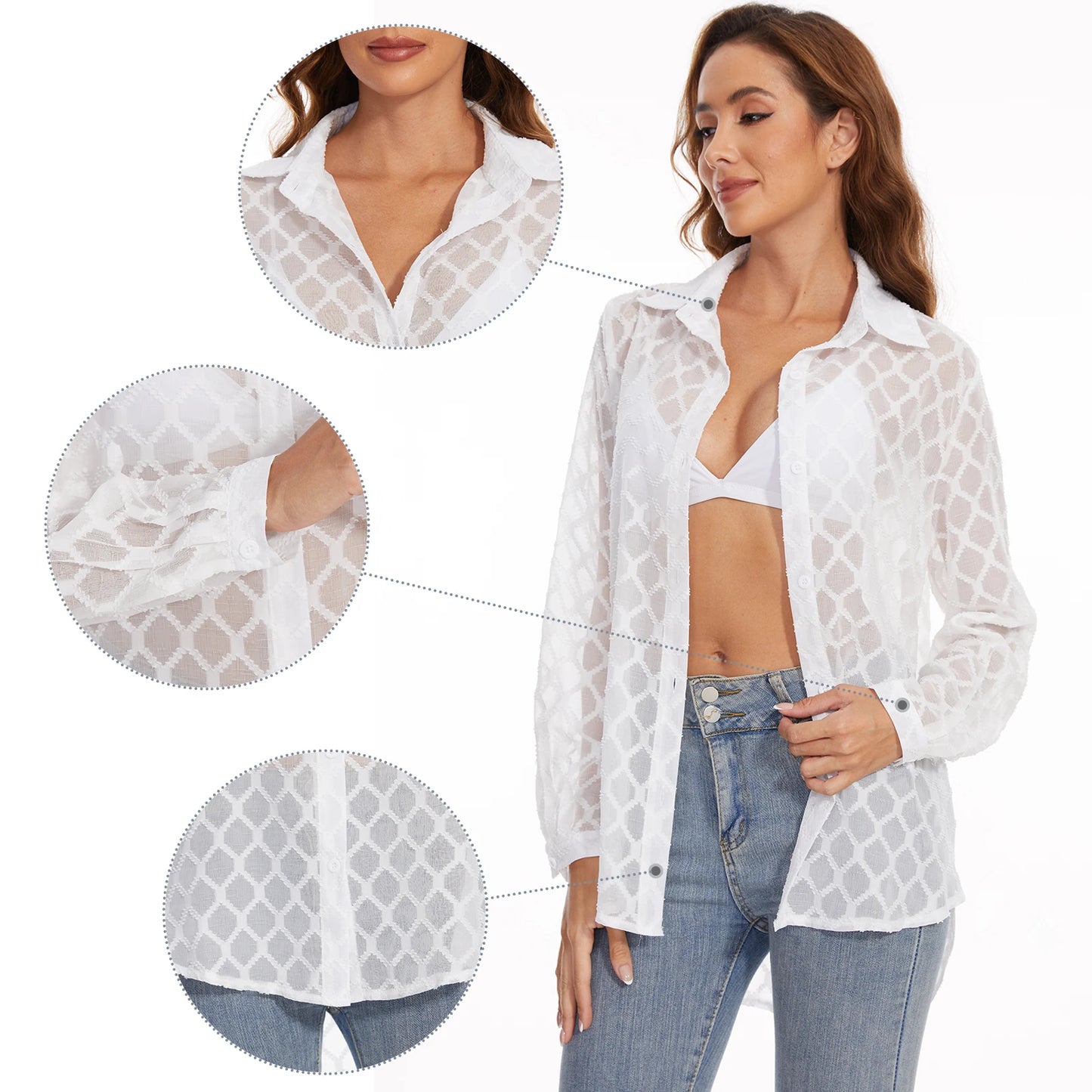 Women's Long Sleeve V Neck Mesh Sheer Blouse