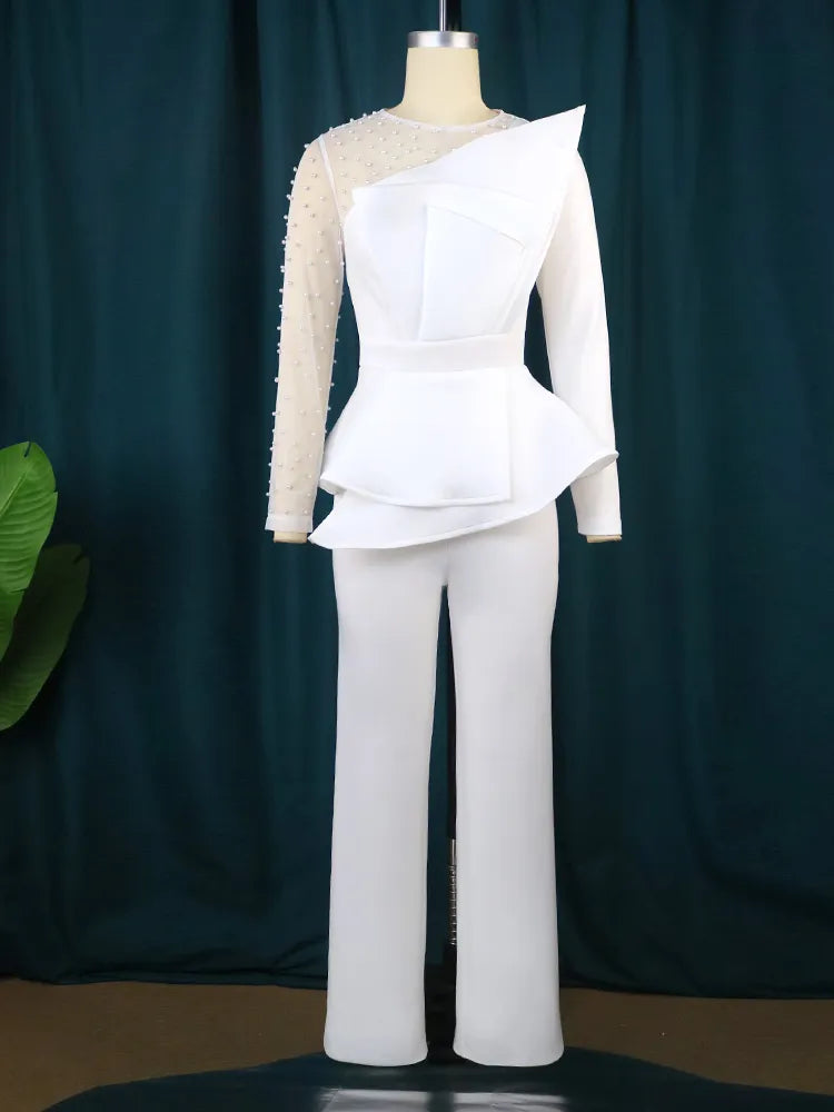 Women Vintage Beaded Long Sleeve Mesh Jumpsuit