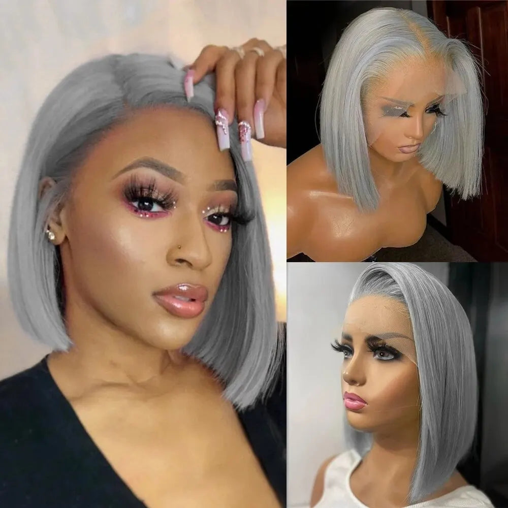 Grey Bob HD Lace Front Wig Brazilian Remy Human Hair Pre-Plucked