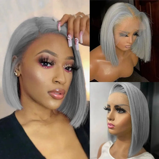 Grey Bob HD Lace Front Wig Brazilian Remy Human Hair Pre-Plucked
