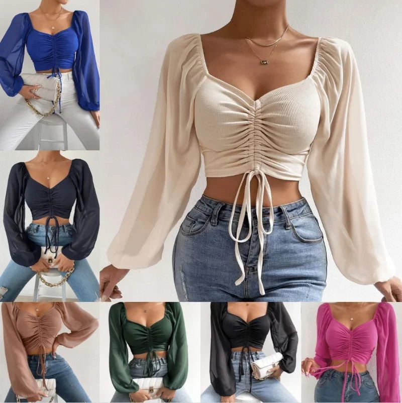 Drawstring Long Sleeve Crop Top