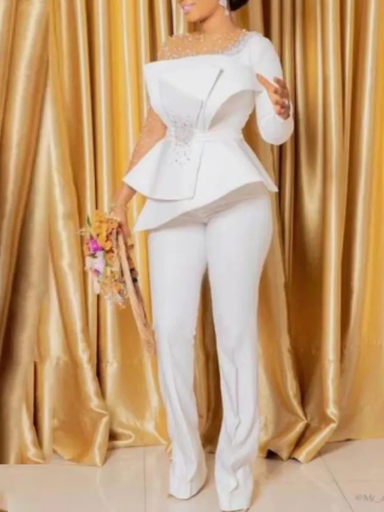 Women Vintage Beaded Long Sleeve Mesh Jumpsuit