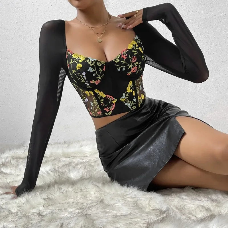 Embroidery Long Sleeve Corset Crop Top