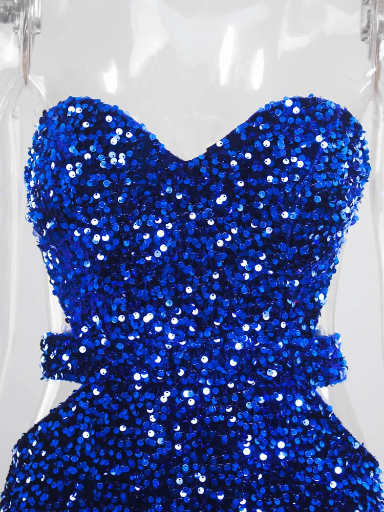 Sequin Strapless Floor Length Backless Evening Dress