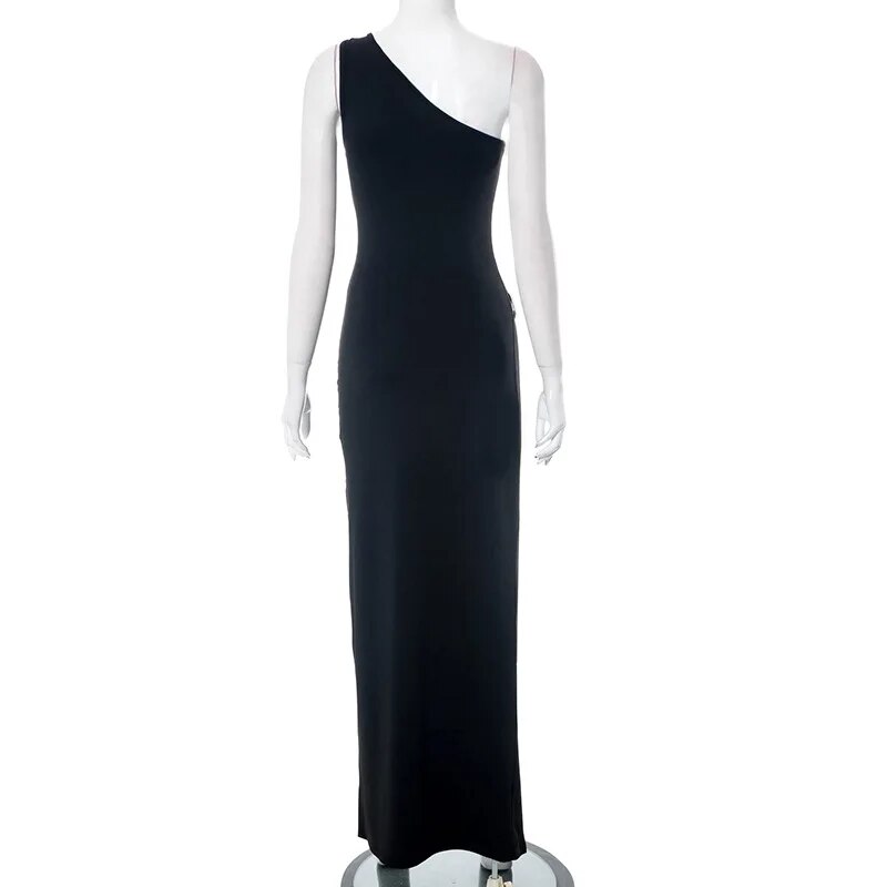 One Shoulder Sexy Black Bodycon Maxi Dress