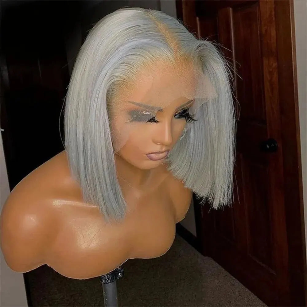 Grey Bob HD Lace Front Wig Brazilian Remy Human Hair Pre-Plucked