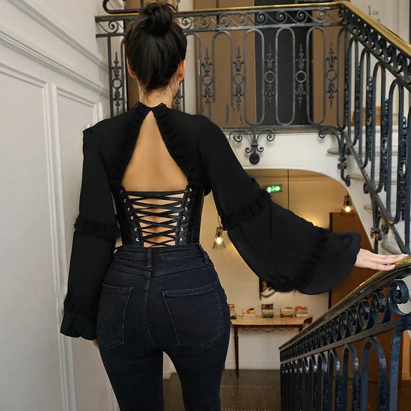 Deep V Neck Lace Up Bustier Corset