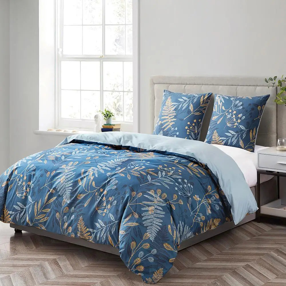 Cotton Duvet Cover Set Blue Printed Microfiber Bedding