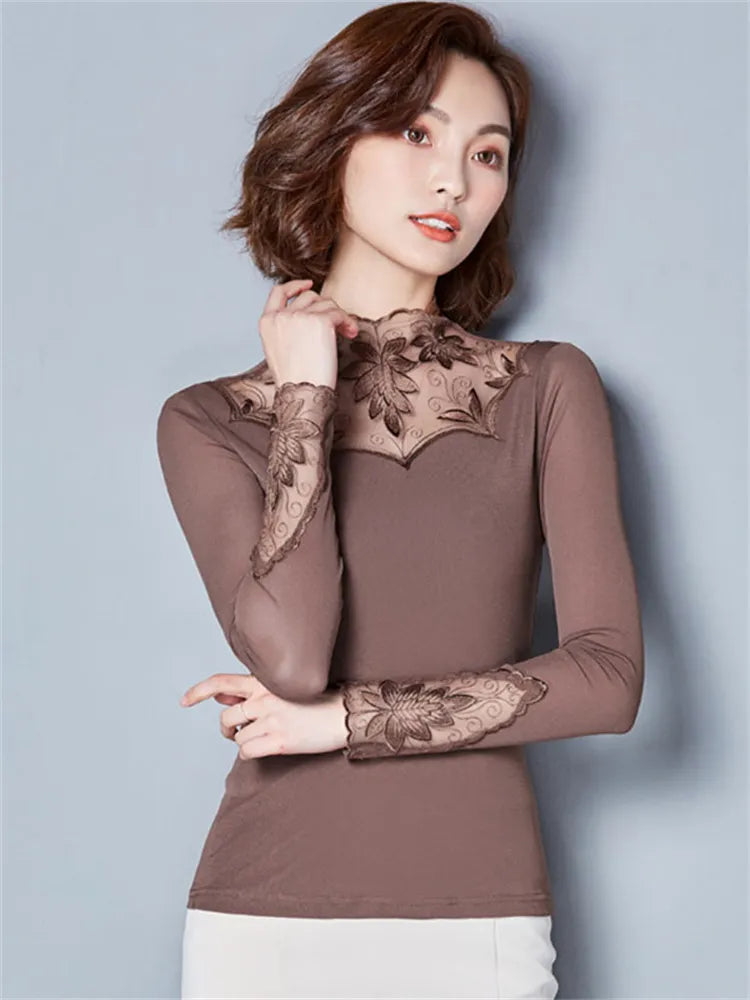 Hollow Out Lace Casual Long Sleeve Turtleneck Blouse