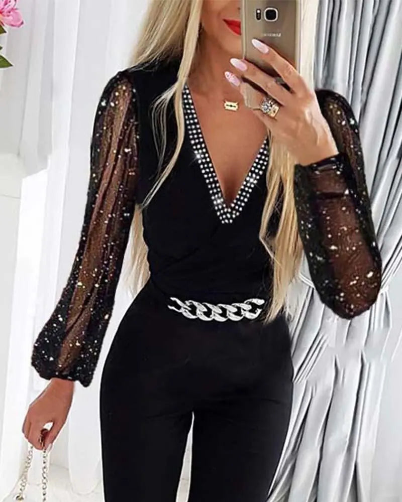 Deep V Neck Mesh Long Sleeves Jumpsuit
