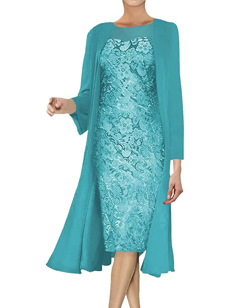 Mother of The Bride Wedding's Chiffon Lace Midi Dress Two Piece Set