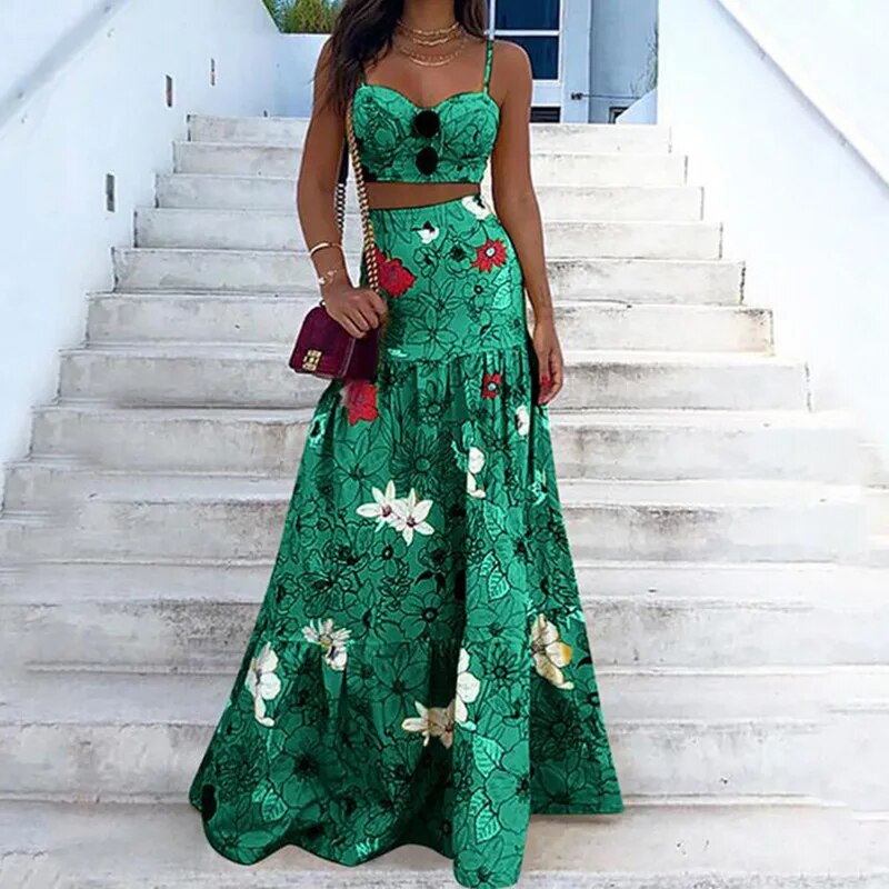 New Floral Print Two Piece Set Maxi Skirt Spaghetti Strap Crop Top