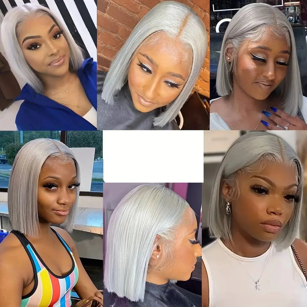 Grey Bob HD Lace Front Wig Brazilian Remy Human Hair Pre-Plucked