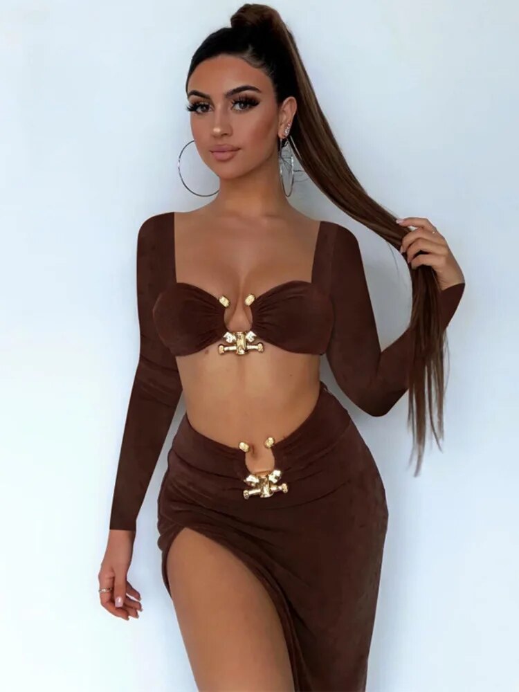 Two Piece Set Women Square Collar High Split Skirt Matching Set