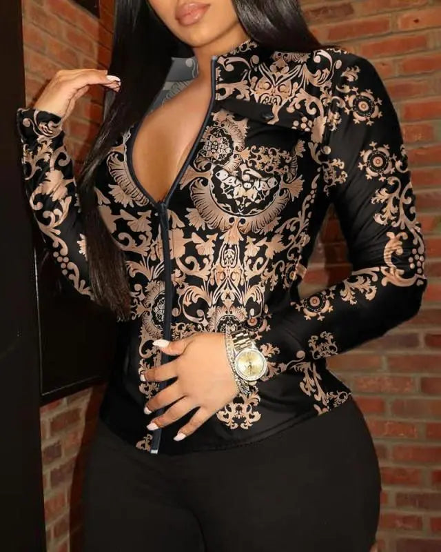 Vintage Print Casual Ladies Blouse