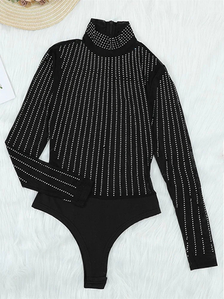 Women Sheer Rhinestone Long Sleeves Bodysuit