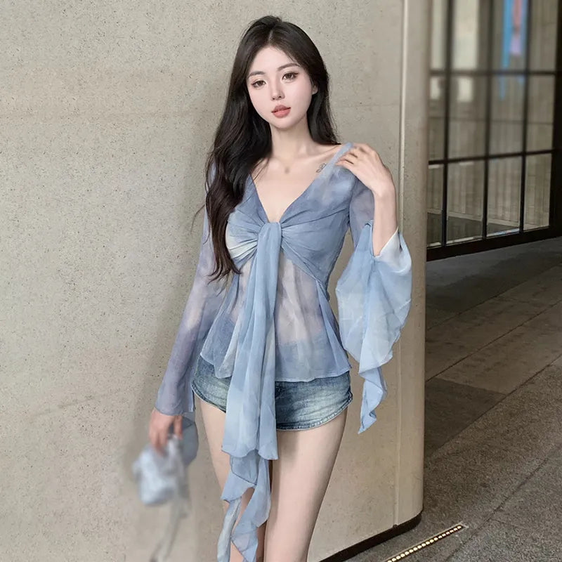 Long sleeves Chiffon V-neck Sexy Top