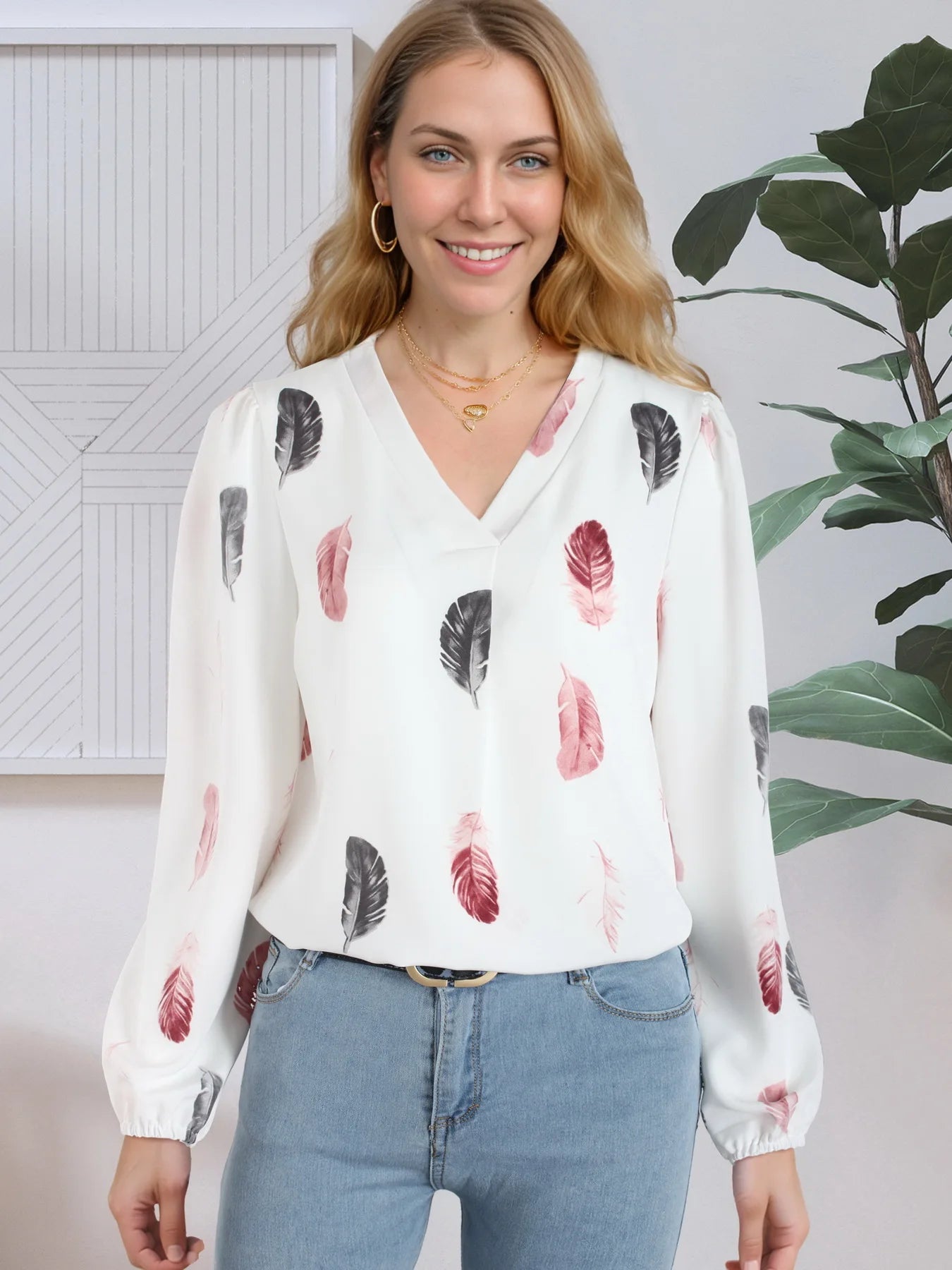 Women's Printed V Neck Blouse