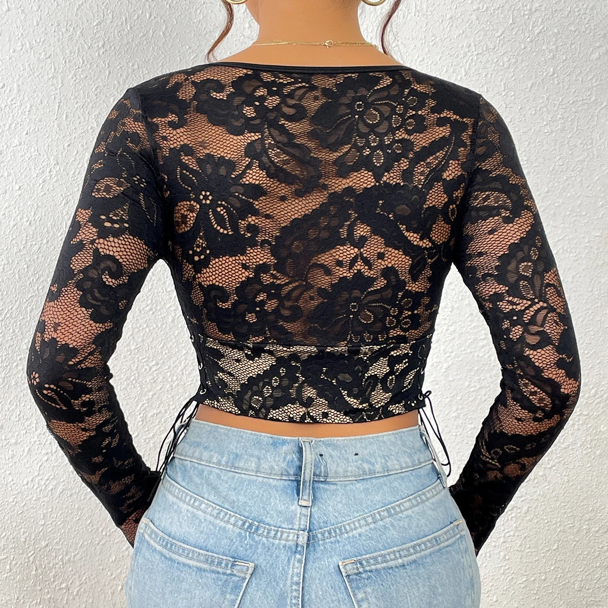 Long Sleeve Sexy Embroidery Lace Crop Top Slim Blouse