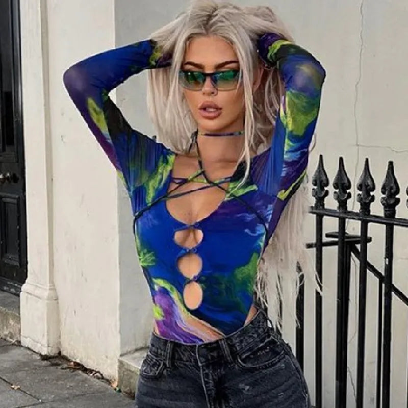 Sexy Deep V-neck Bandage Long Sleeve Bodysuit