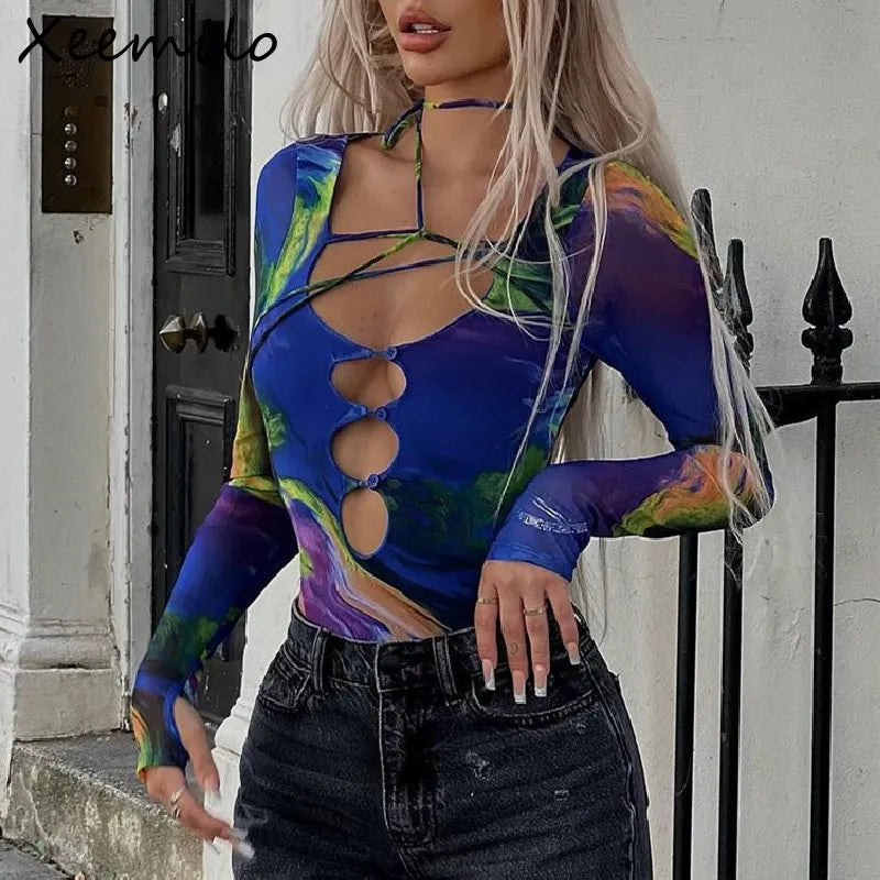 Sexy Deep V-neck Bandage Long Sleeve Bodysuit