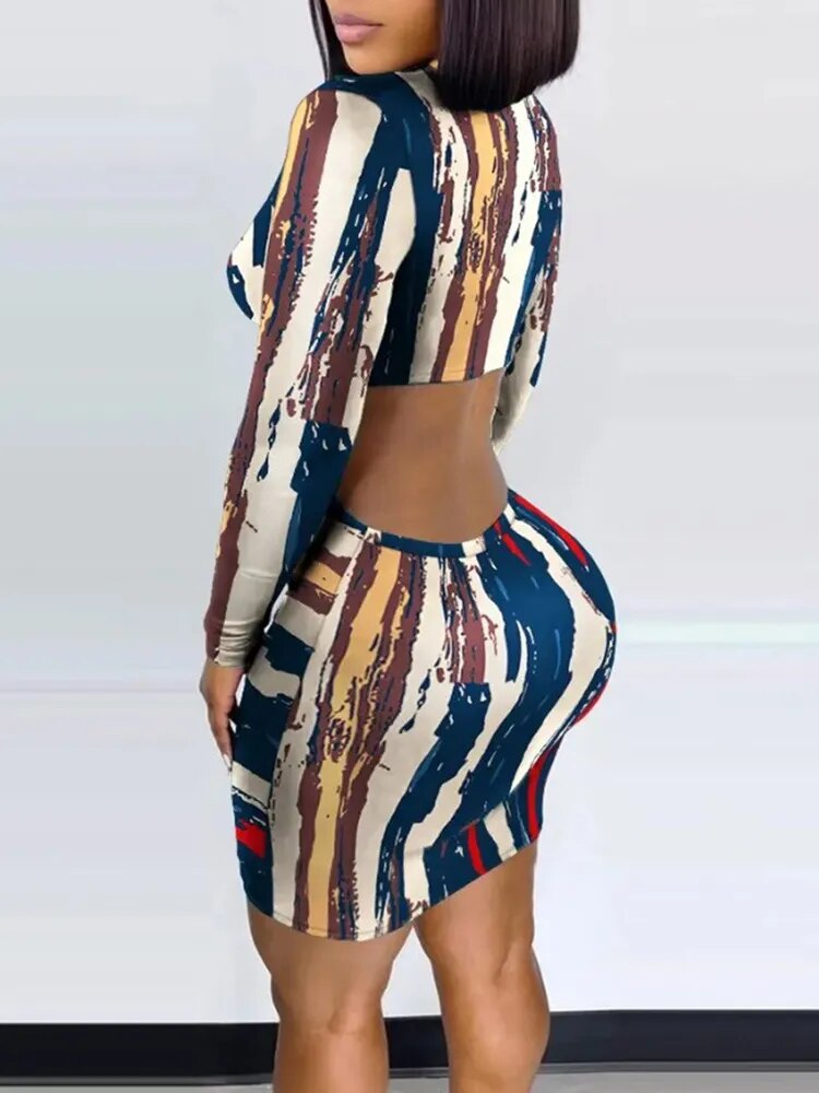 Geo Print Cutout Back Ruched Shirt Dress
