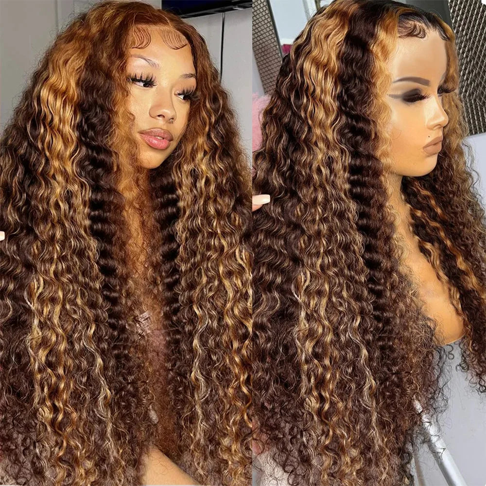 Deep Wave 6x4 Glueless Wig Human Hair Ready To Wear Lace Frontal Curly Highlight Ombre 4/27 Preplucked Hairline Pre Cut