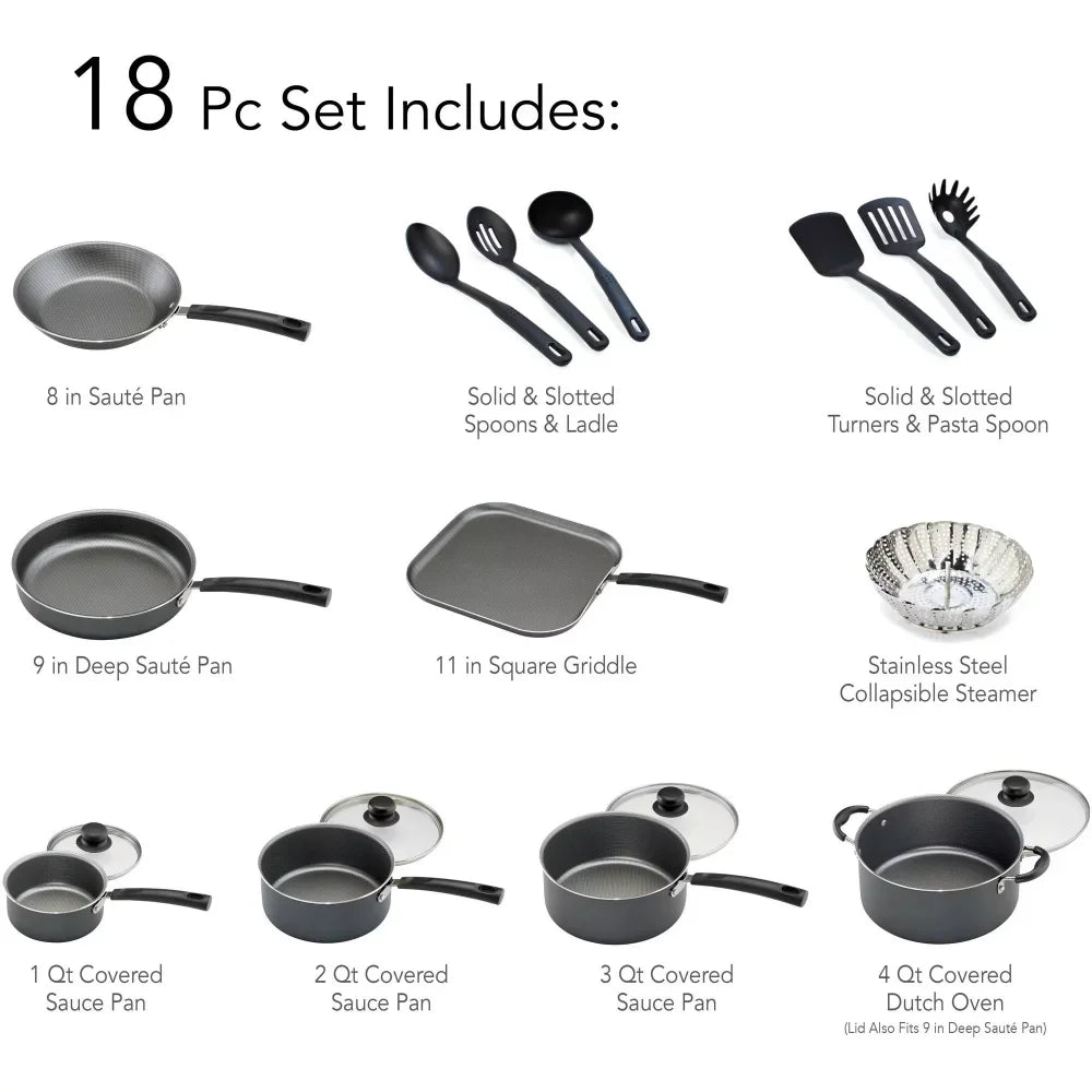 18 Piece Non-stick Cookware Set Gray