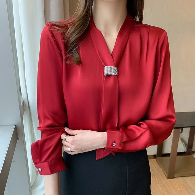Satin Long Sleeves Ribbon Blouse
